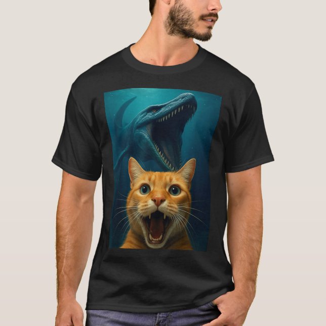 Camiseta Cat Selfie With Mosasaurus Dinosaur For Boys Kids  (Anverso)