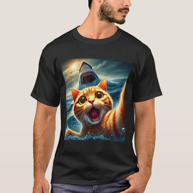 Camiseta Cat Selfie With Shark Funny  (Anverso)