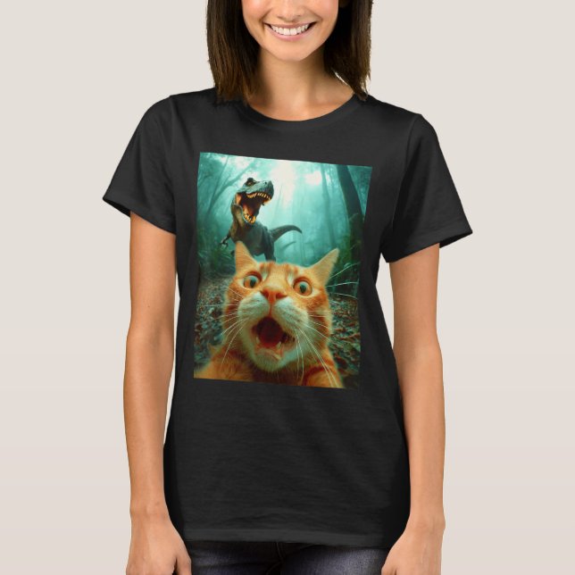Camiseta Cat Selfie With T-rex Dinosaur Trex Dino Men Women (Anverso)