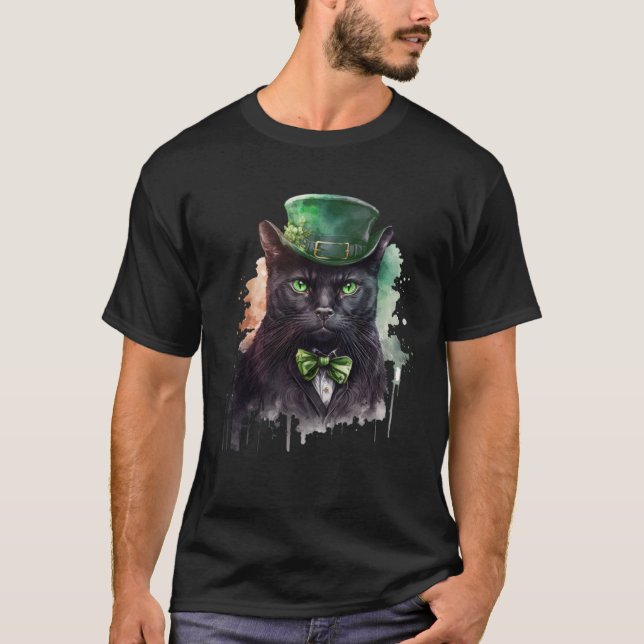 Camiseta Cat  Shamrock St Patrick s Day Leprechaun Hat Blac (Anverso)