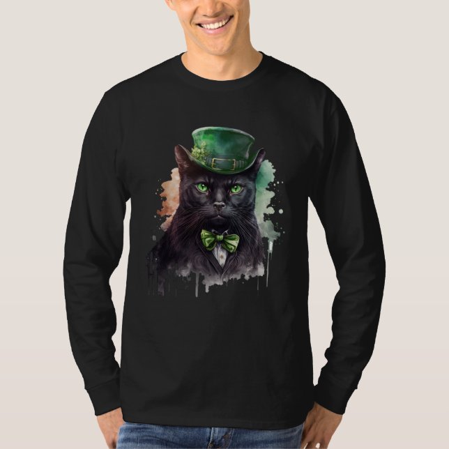 Camiseta Cat  Shamrock St Patrick s Day Leprechaun Hat Blac (Anverso)