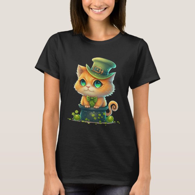 Camiseta Cat Shamrock St Patrick s Day Leprechaun Hat Cute  (Anverso)