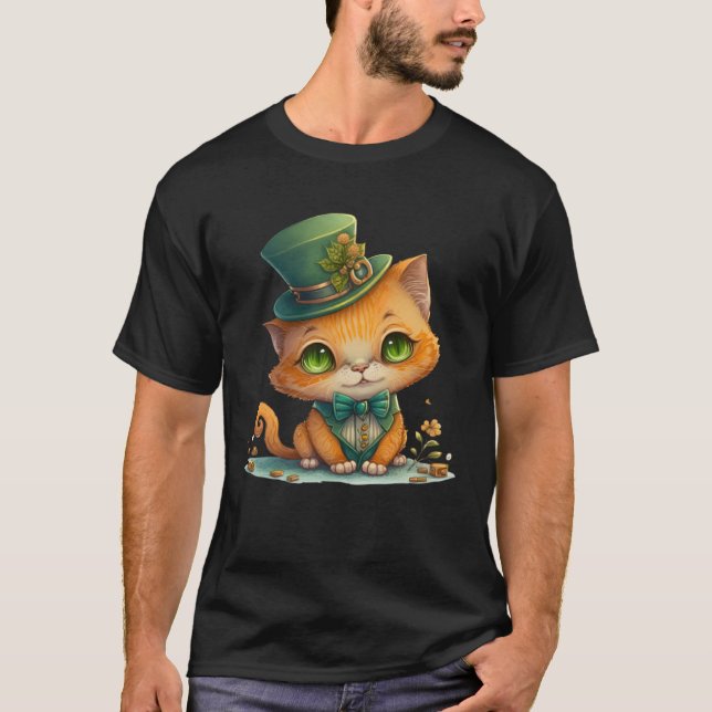 Camiseta Cat Shamrock St Patrick's Day Leprechaun Gorra Cut (Anverso)