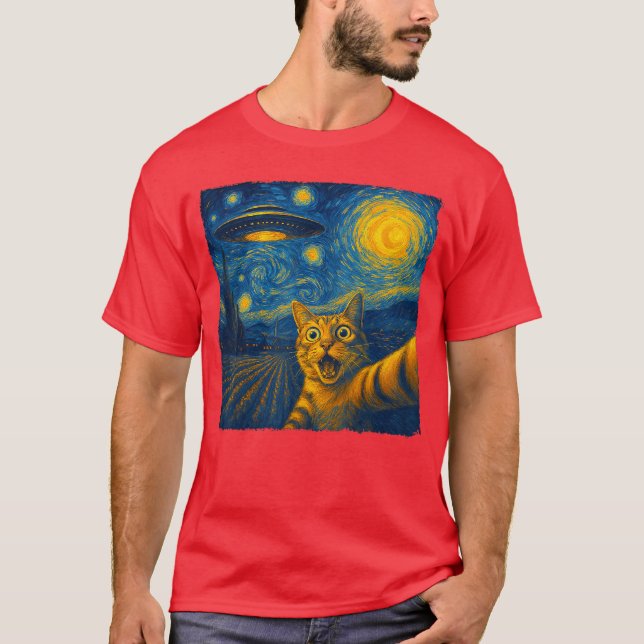 Camiseta Cat Sie with UFO Cats Starry Night Van Gogh Men Wo (Anverso)