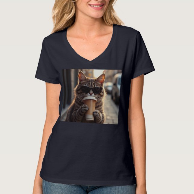 Camiseta Cat Sipping Coffee On A Street (Anverso)