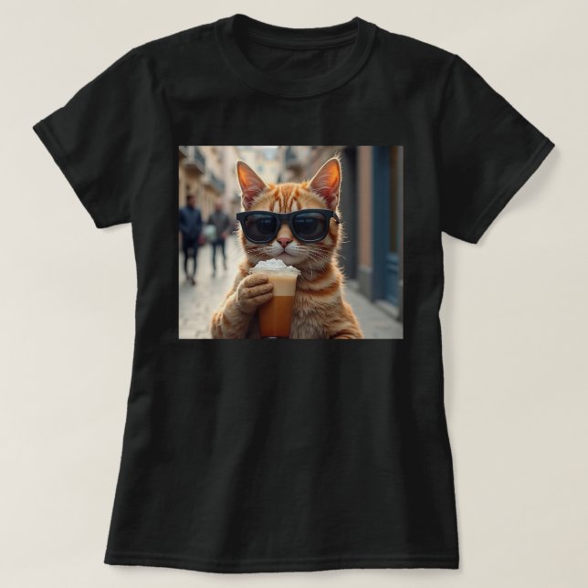 Camiseta Cat Sipping Coffee On A Street (Diseño del anverso)