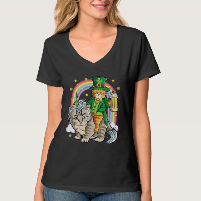 Camiseta Cat St Patricks Day Leprechaun Riding Caticorn Uni (Anverso)