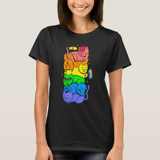 Camiseta Cat Stack Rainbow Gay Pride Cute LGBT Animal Pet (Anverso)