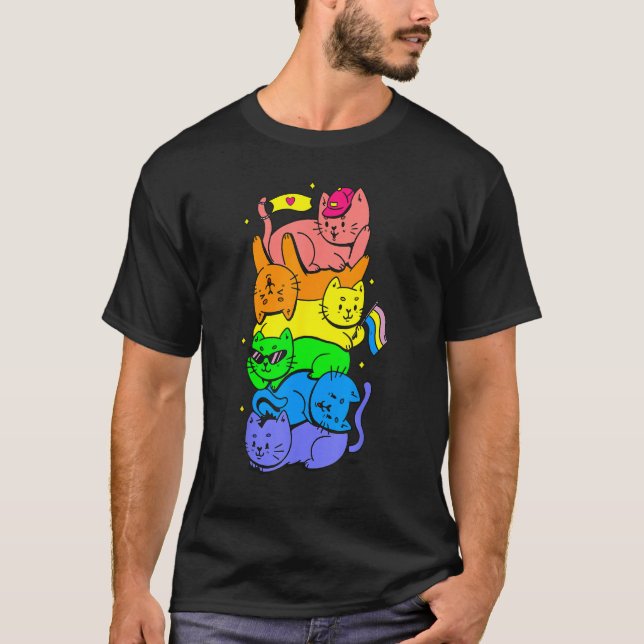 Camiseta Cat Stack Rainbow Gay Pride Cute LGBT Animal Pet (Anverso)
