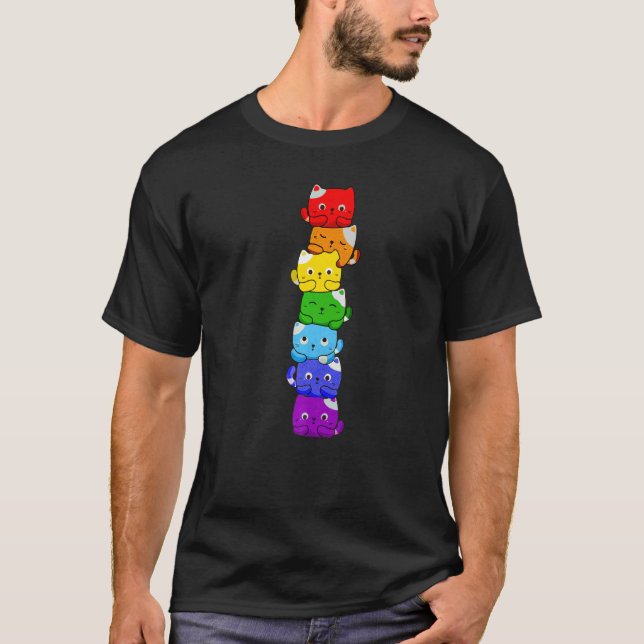 Camiseta Cat Stack Rainbow Gay Pride Cute LGBT Animal Pet (Anverso)