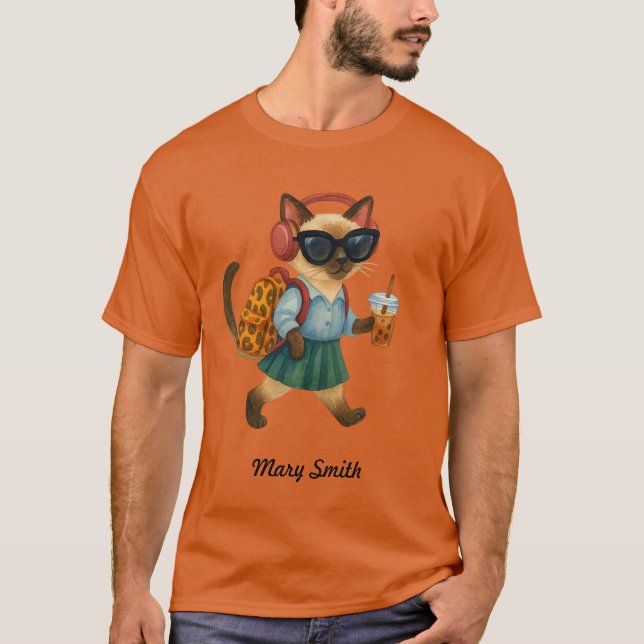 Camiseta Cat Student Back to School  Head phone bubble tea (Anverso)