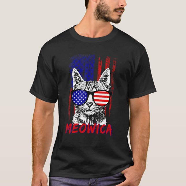 Camiseta Cat Sunglasses 4th of July Meowica Merica USA Amer (Anverso)