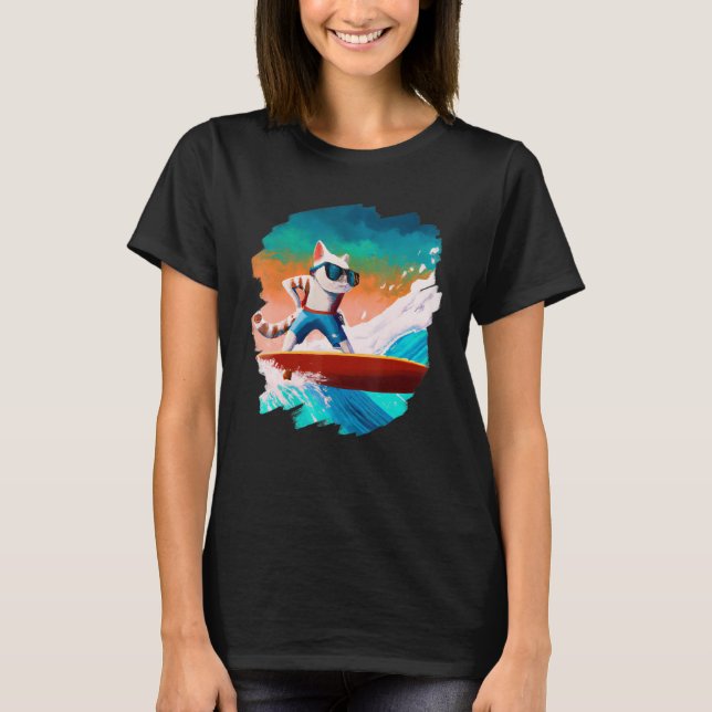 Camiseta Cat Surfing Surfer Riding Wave Ocean Artistic Cool (Anverso)