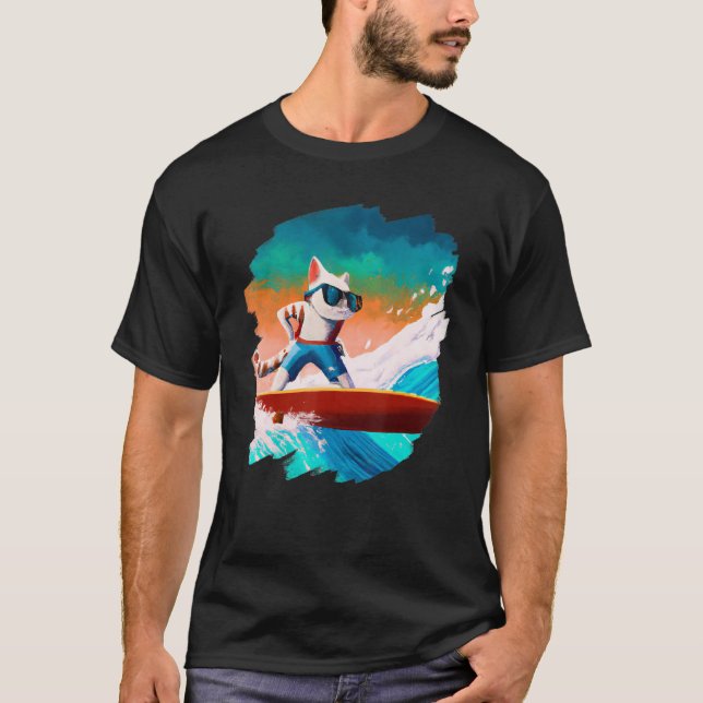 Camiseta Cat Surfing Surfer Riding Wave Ocean Artistic Cool (Anverso)