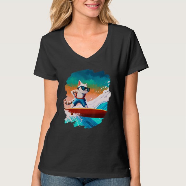 Camiseta Cat Surfing Surfer Riding Wave Ocean Artistic Cool (Anverso)