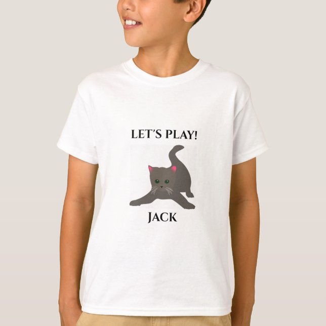 Camiseta Cat T-SHIRT, nombre personalizado, "Vamos a jugar" (Anverso)