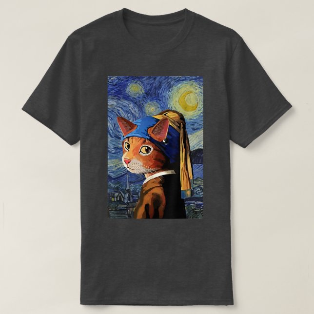 Camiseta Cat T, Starry Night Cat, Cat Art, Van Gogh Style  (Diseño del anverso)