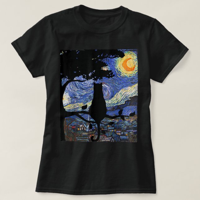 Camiseta Cat Tshirt, Starry Night Cat Tee, Van Gogh Cat Gif (Diseño del anverso)