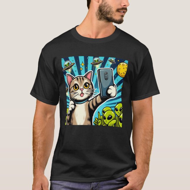 Camiseta Cat UFO Selfie: Green Alien #17 (Anverso)