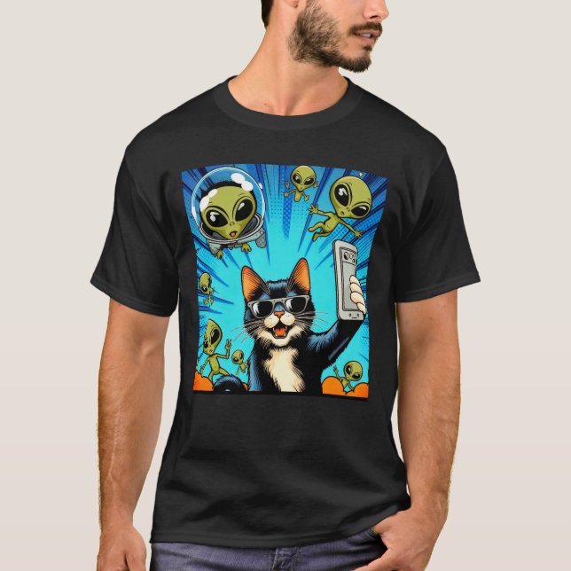 Camiseta Cat UFO Selfie: Green Alien #19 (Anverso)