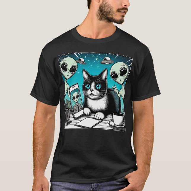 Camiseta Cat UFO Selfie: Green Alien #23 (Anverso)