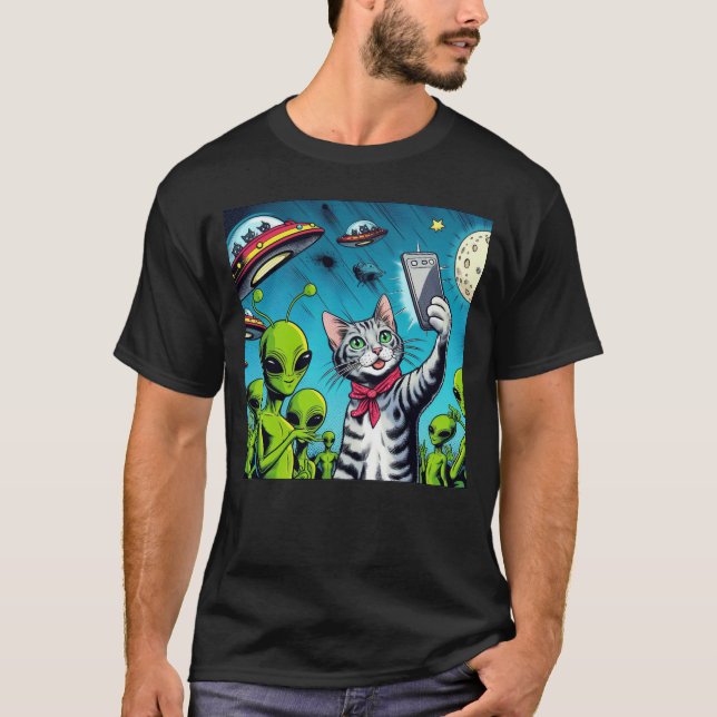 Camiseta Cat UFO Selfie: Green Alien #24 (Anverso)
