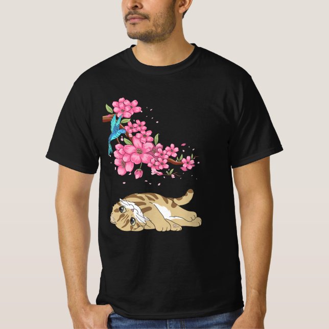 Camiseta Cat Under Cherry Blossom Cute Japanese Kawaii Cat  (Anverso)