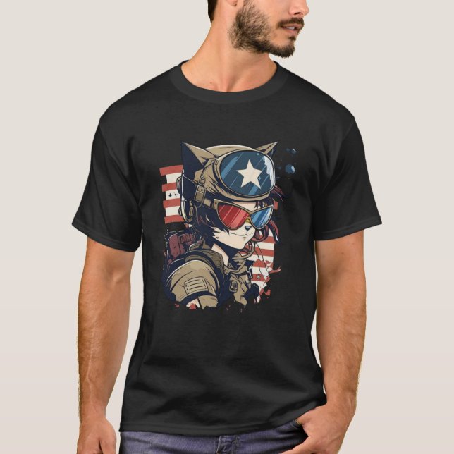 Camiseta Cat US Flag Veteran American (Anverso)