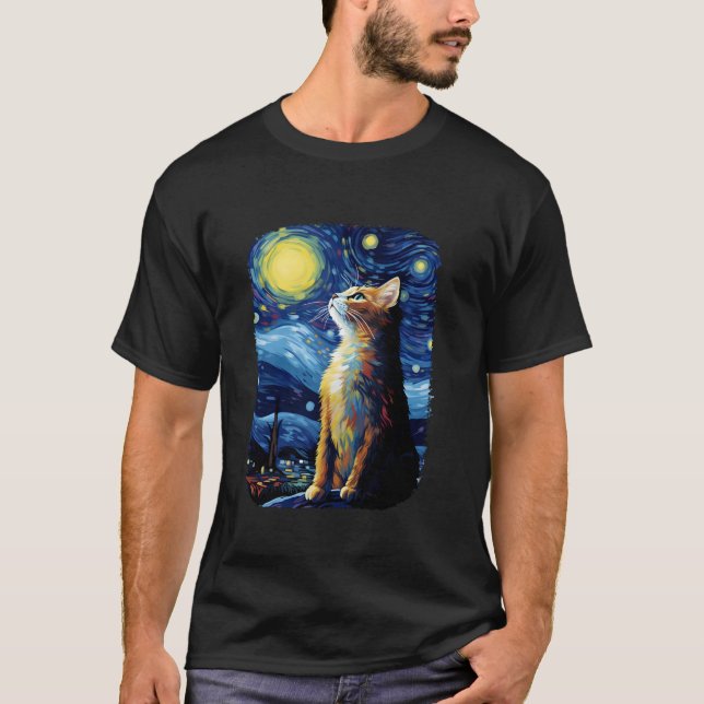 Camiseta Cat Van Gogh Starry Night Style Art Cute Cat Paint (Anverso)