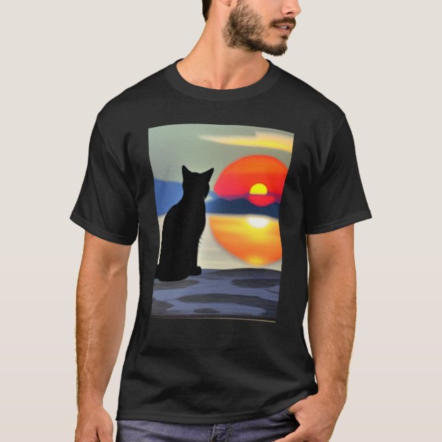 Camiseta Cat Watching Sunset scene Black Cat Sunset (Anverso)