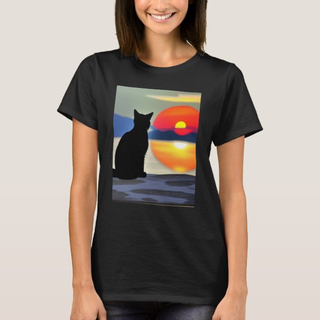Camiseta Cat Watching Sunset scene Black Cat Sunset (Anverso)