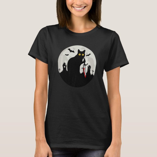 Camiseta Cat What Halloween Black Cat with Knife   What Cat (Anverso)