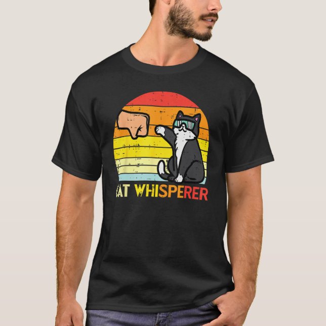 Camiseta Cat Whisperer Man Paw Fist Bump Sunset Retro Men W (Anverso)