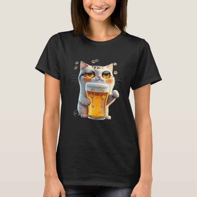 Camiseta Cat With Beer Drinking Party  Dad Mom From Son Dau (Anverso)
