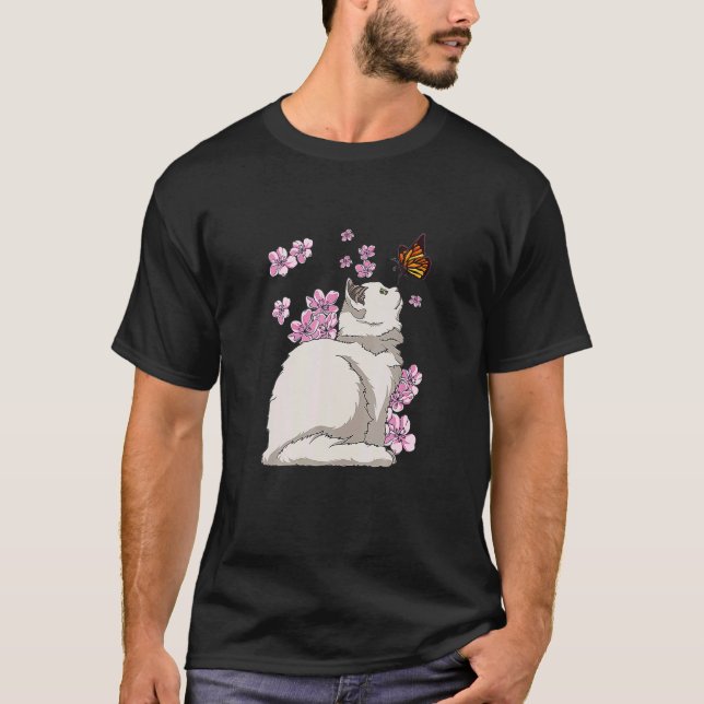 Camiseta Cat With Butterfly Japanese Sakura Cherry Blossom (Anverso)