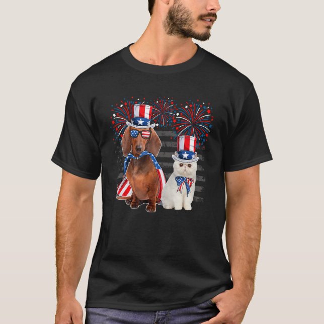 Camiseta Cat With Dachshund Sunglasses American Flag 4th Of (Anverso)