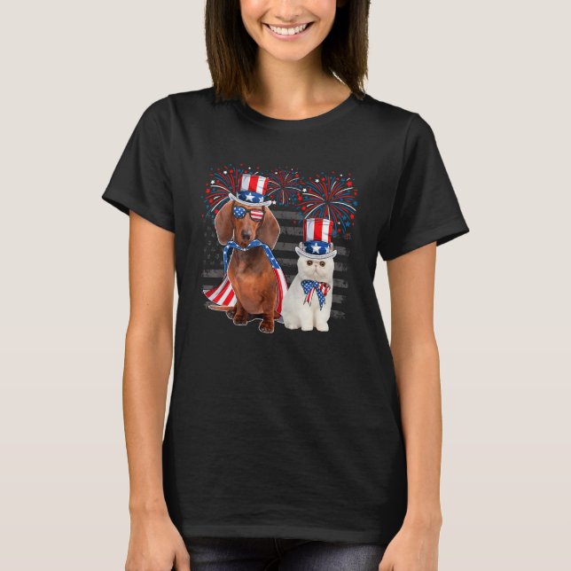 Camiseta Cat With Dachshund Sunglasses American Flag 4th Of (Anverso)