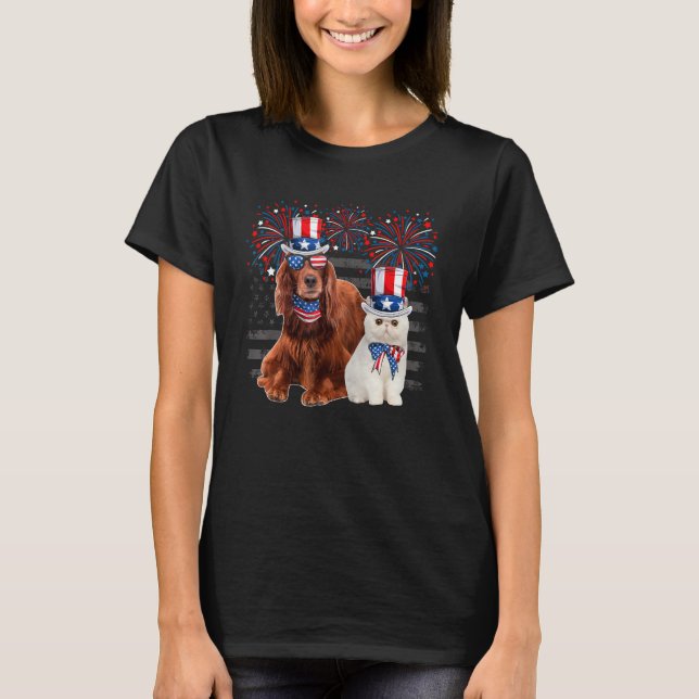 Camiseta Cat With Irish Setter Sunglasses American Flag 4th (Anverso)