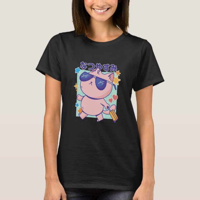 Camiseta Cat with Sunglasses and Japanese Quote Summer Holi (Anverso)