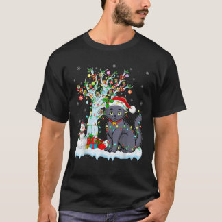 Camiseta Cat Xmas Iluminación Árbol Santa Hat gato azul rus