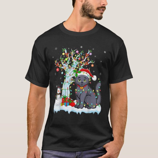 Camiseta Cat Xmas Iluminación Árbol Santa Hat gato azul rus (Anverso)