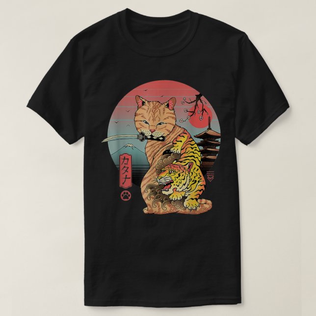 Camiseta Catana En Gato De Edo Atacado A Un Gato De Samurai (Diseño del anverso)