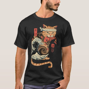 Camiseta Catana Wave Cat Tattooed Samurai Cat Arte Japonés