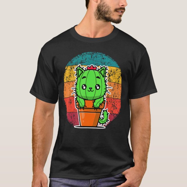 Camiseta Catcus Retro, Gato Cactus, Planta Para Hombres Muj (Anverso)