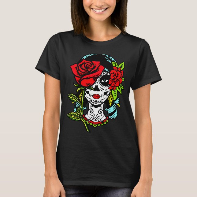 Camiseta Catrina Santa Muerte Rosa Calavera de azúcar - A (Anverso)