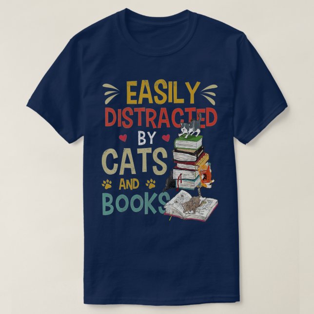 Camiseta Cats 365 Easily Distracted by Cats & Books Cat & B (Diseño del anverso)