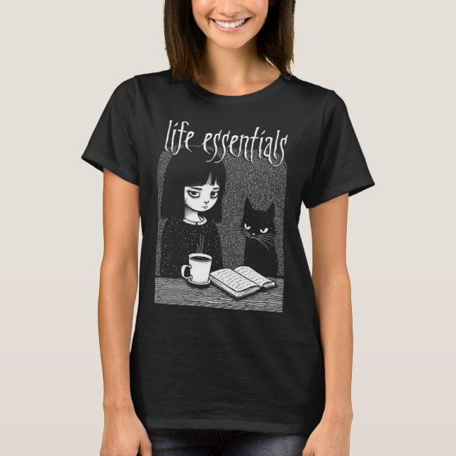 Camiseta Cats Coffee And Books Creepy Cute Girl Life Essent (Anverso)