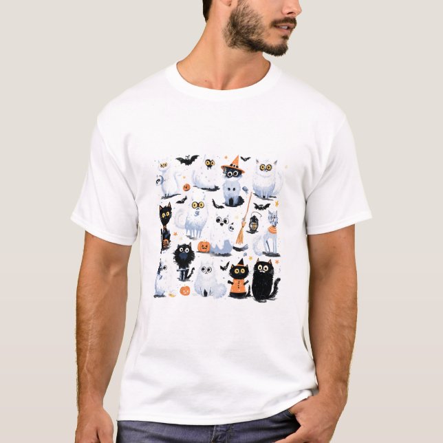 Camiseta Cats Halloween Scene T-Shirt | Gato negro espeluzn (Anverso)