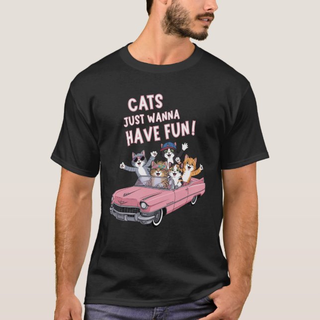 Camiseta Cats Just Wanna Have Fun – Cats in Pink Cadillac (Anverso)