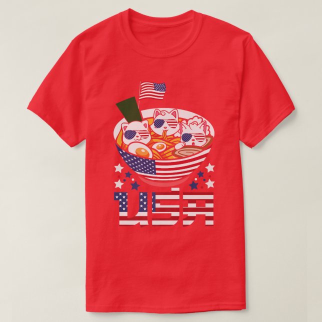 Camiseta Cats Ramen Anime American Flag USA 4th of July shi (Diseño del anverso)